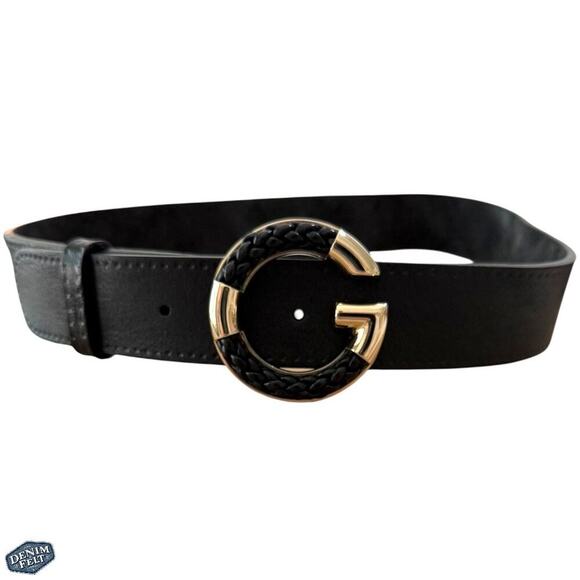 Gucci Unisex Black Calfskin Leather Gold Braided G Logo Buckle Belt | 80•32 - Picture 2 of 15